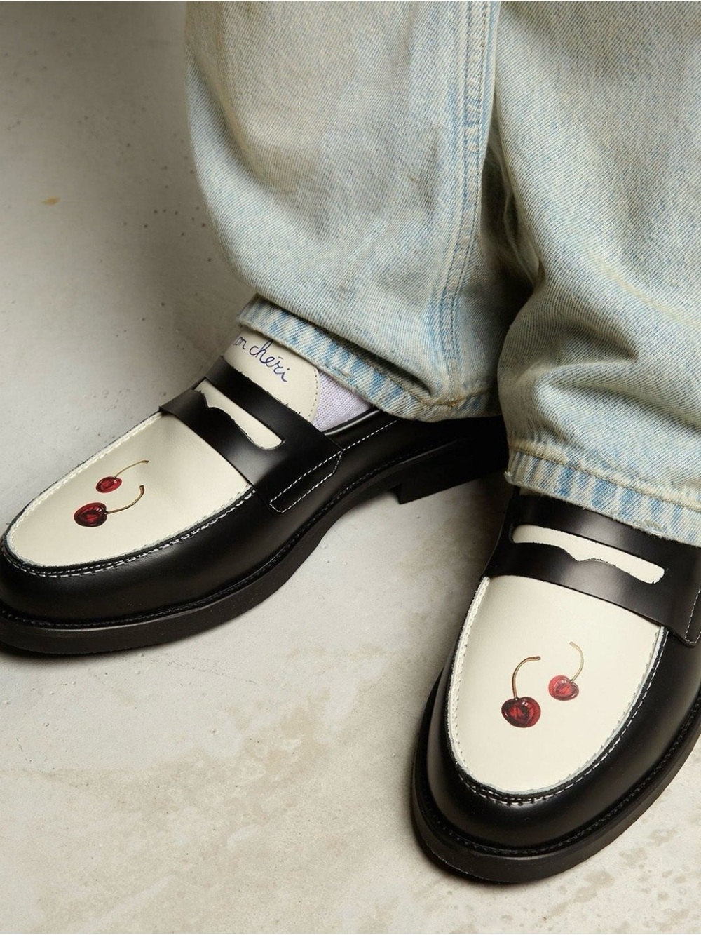 Duke + Dexter Ma Chérie Cherry Penny Loafers Men’s US 8 UK 7 Black White Leather